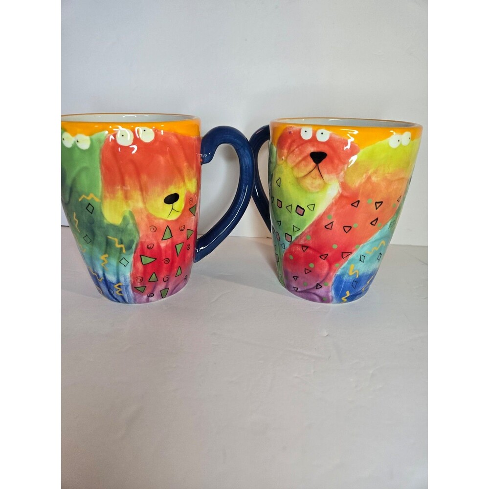 Studio Designworks Handpainted 2 Coffee Mugs Floppy Dogs Blue Green Yellow